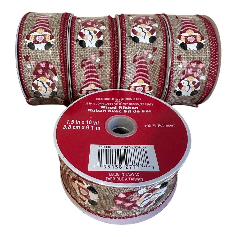 Gnome Valentine’s Wired Ribbon Bundle of 5 Rolls